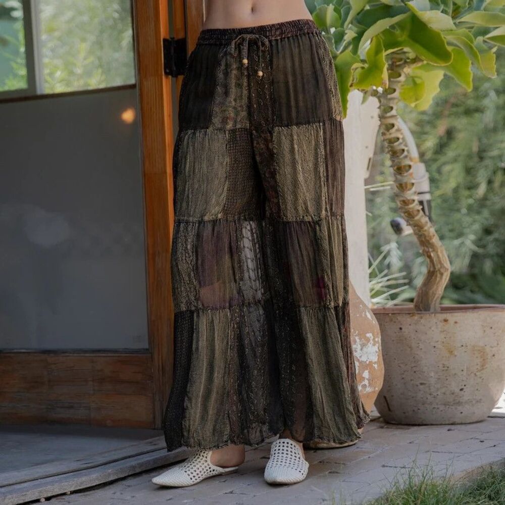 Young Threads Retro Revival Long Flared Patchwork Pants Amber Large
